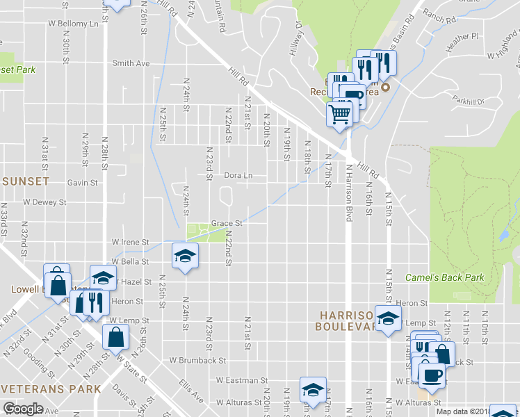 map of restaurants, bars, coffee shops, grocery stores, and more near 1933 North 20th Street in Boise