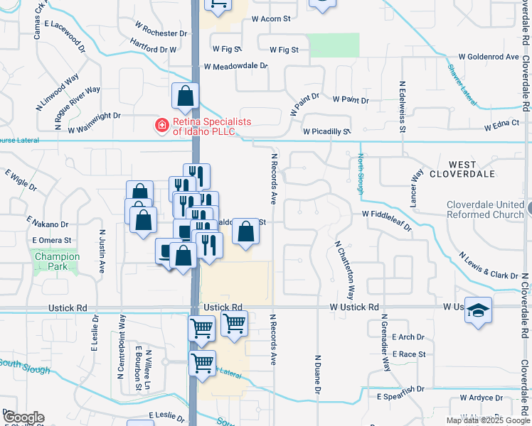 map of restaurants, bars, coffee shops, grocery stores, and more near 13626 West Baldcypress Street in Boise