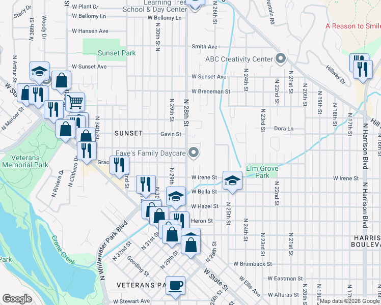 map of restaurants, bars, coffee shops, grocery stores, and more near 1916 North 28th Street in Boise