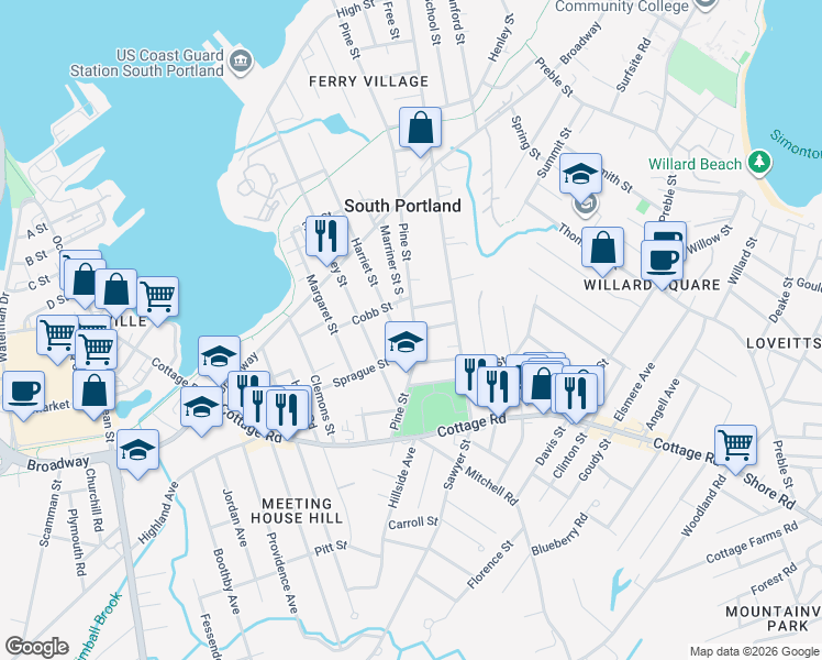 map of restaurants, bars, coffee shops, grocery stores, and more near 303 Pine Street in South Portland