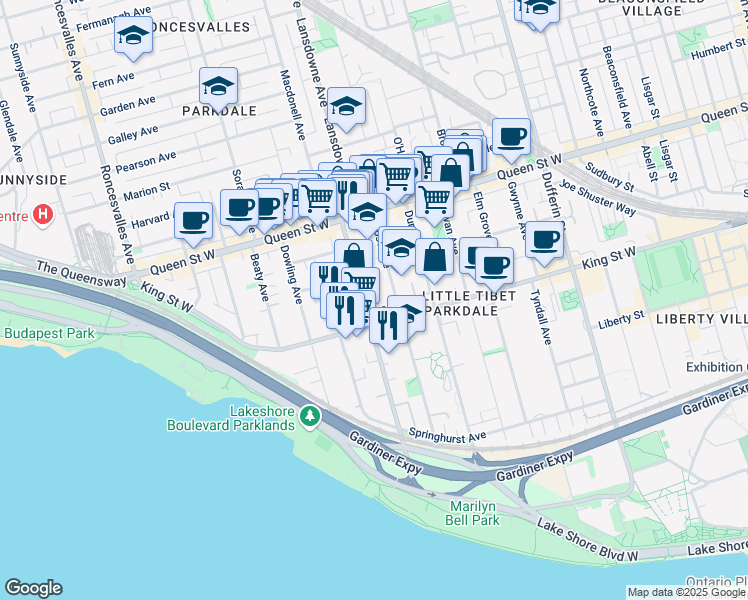 map of restaurants, bars, coffee shops, grocery stores, and more near 165 Jameson Avenue in Toronto