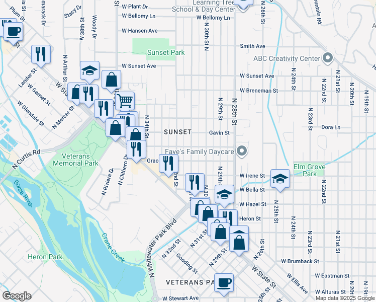 map of restaurants, bars, coffee shops, grocery stores, and more near 1911 North 31st Street in Boise