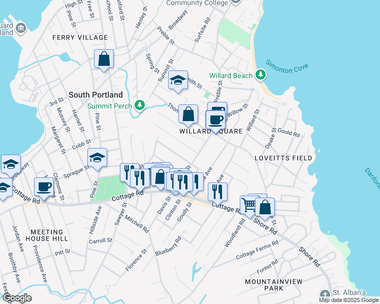 map of restaurants, bars, coffee shops, grocery stores, and more near 12 Everett Avenue in South Portland