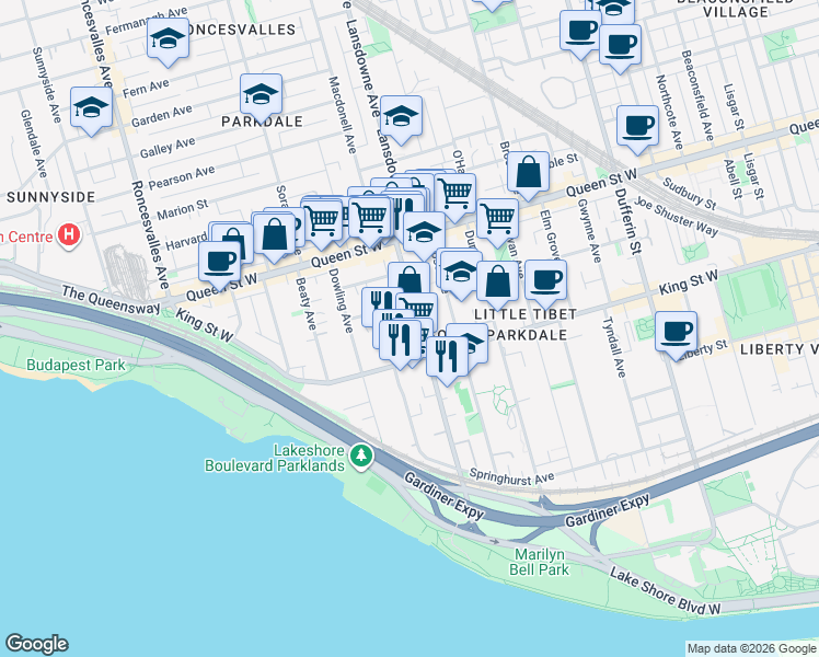 map of restaurants, bars, coffee shops, grocery stores, and more near 166 Jameson Avenue in Toronto