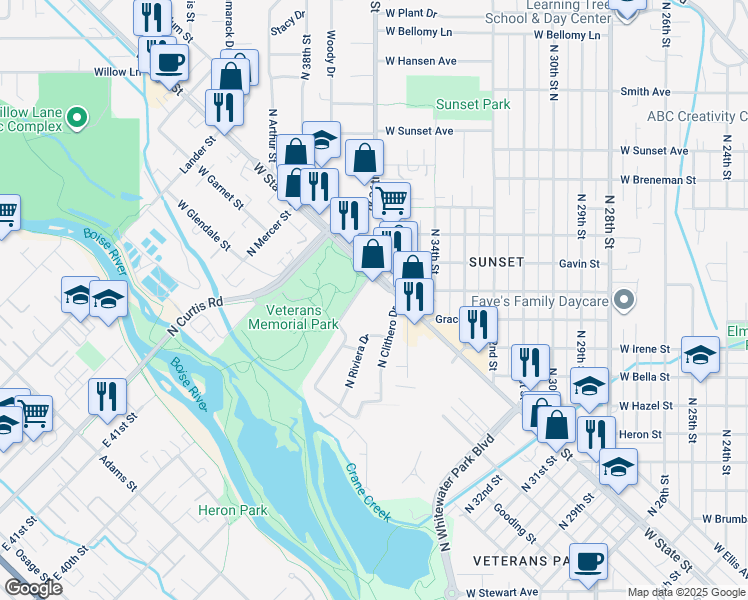map of restaurants, bars, coffee shops, grocery stores, and more near 3515 West State Street in Boise