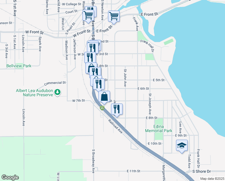 map of restaurants, bars, coffee shops, grocery stores, and more near 1202 James Avenue in Albert Lea