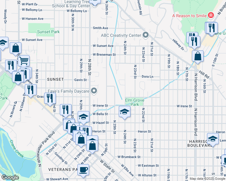 map of restaurants, bars, coffee shops, grocery stores, and more near 1919 North 25th Street in Boise