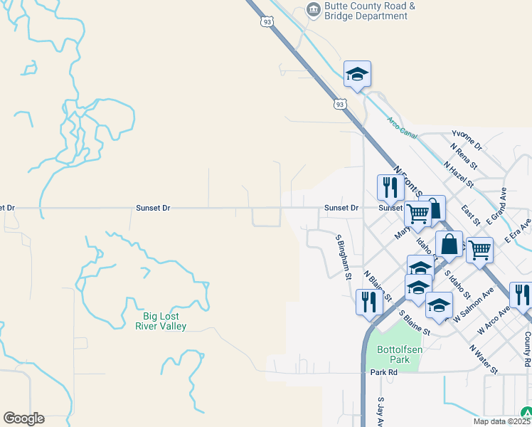 map of restaurants, bars, coffee shops, grocery stores, and more near 3067 West 2500 North in Arco
