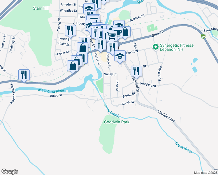 map of restaurants, bars, coffee shops, grocery stores, and more near 58 Church Street in Lebanon