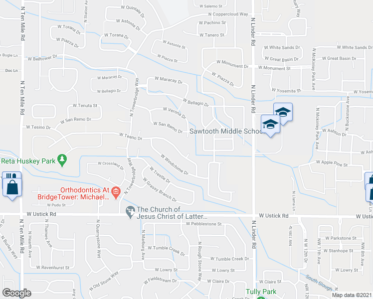 map of restaurants, bars, coffee shops, grocery stores, and more near 2050 West Teano Drive in Meridian