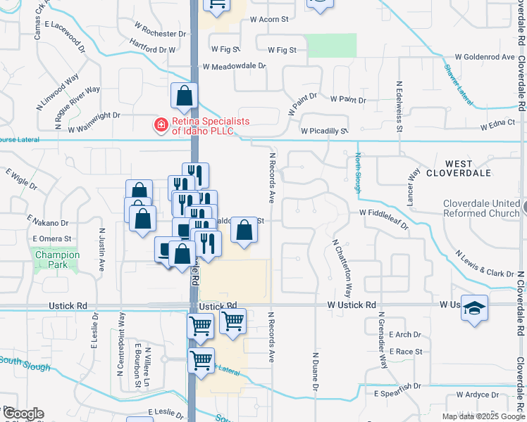 map of restaurants, bars, coffee shops, grocery stores, and more near 13626 West Baldcypress Street in Boise