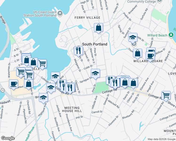 map of restaurants, bars, coffee shops, grocery stores, and more near 198 Mussey Street in South Portland