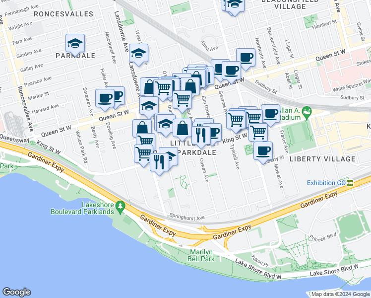 map of restaurants, bars, coffee shops, grocery stores, and more near in Toronto