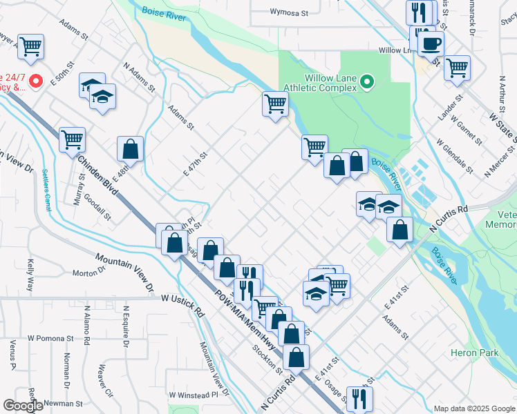 map of restaurants, bars, coffee shops, grocery stores, and more near 314 East 45th Street in Boise