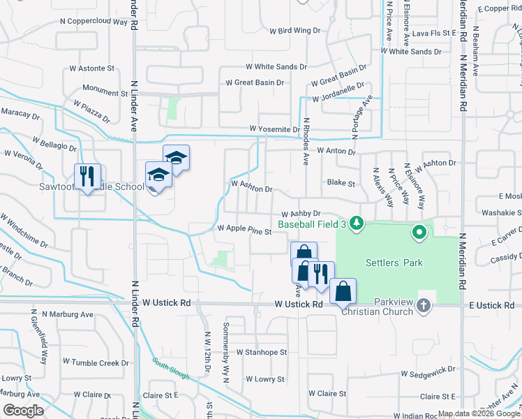 map of restaurants, bars, coffee shops, grocery stores, and more near 3650 North Warm Creek Avenue in Meridian