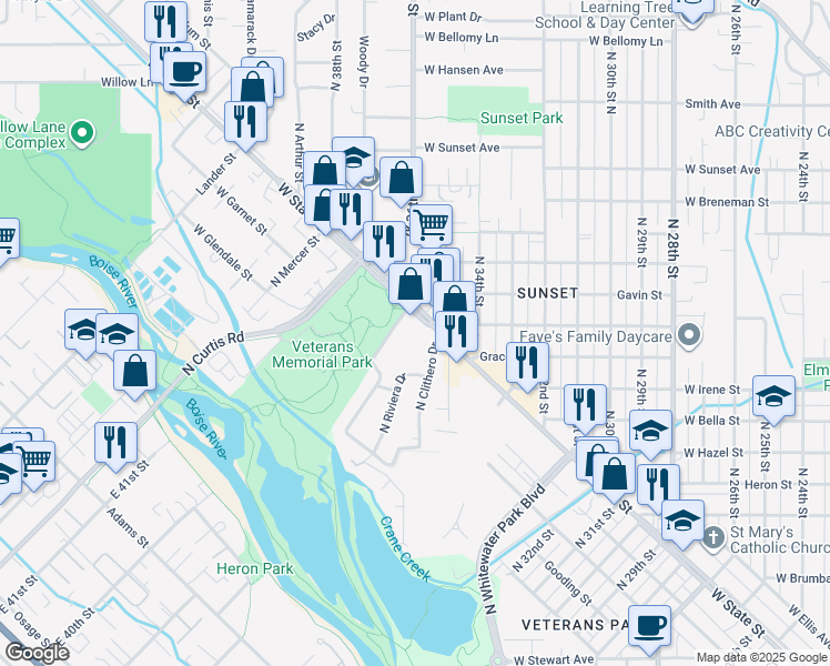 map of restaurants, bars, coffee shops, grocery stores, and more near 3515 West State Street in Boise