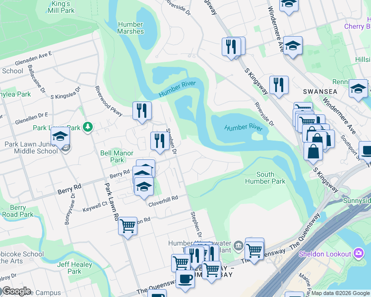 map of restaurants, bars, coffee shops, grocery stores, and more near 138 Berry Road in Toronto