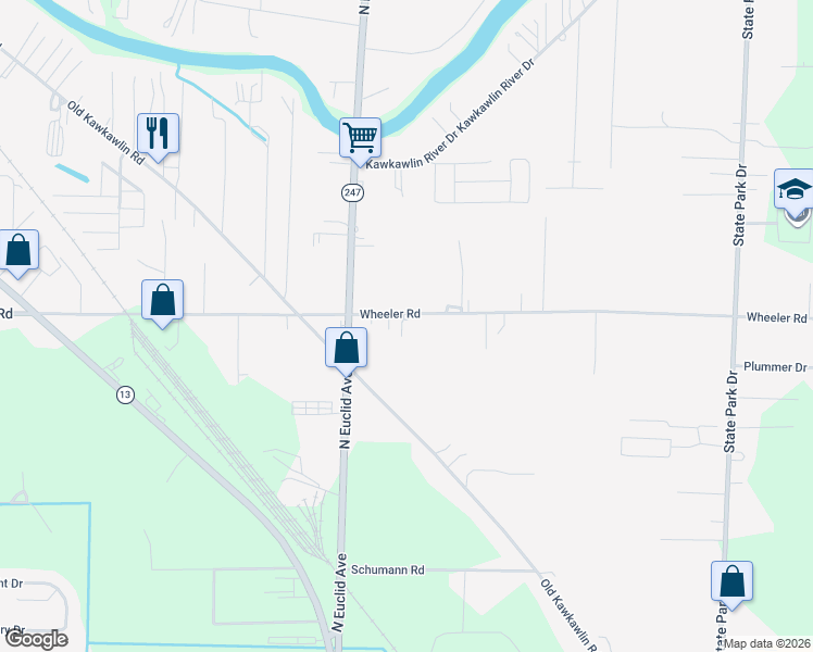 map of restaurants, bars, coffee shops, grocery stores, and more near 3550 Wheeler Road in Bay City