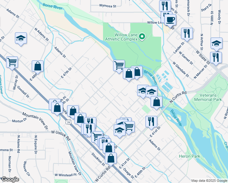 map of restaurants, bars, coffee shops, grocery stores, and more near 406 East 44th Street in Garden City