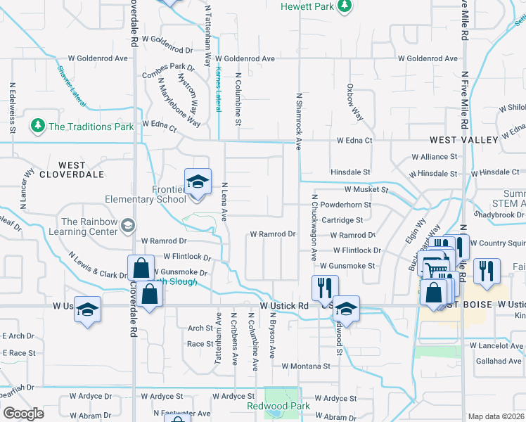 map of restaurants, bars, coffee shops, grocery stores, and more near 3625 North Tumbleweed Place in Boise