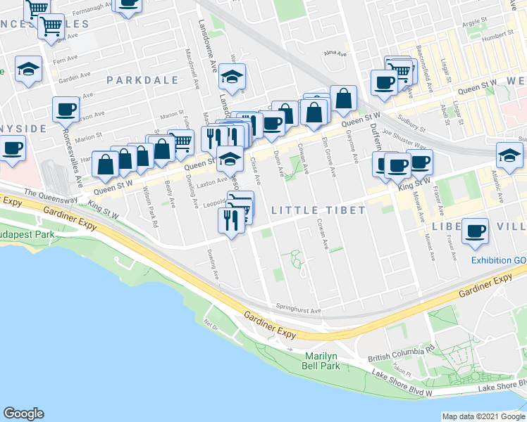 map of restaurants, bars, coffee shops, grocery stores, and more near 136 Close Avenue in Toronto