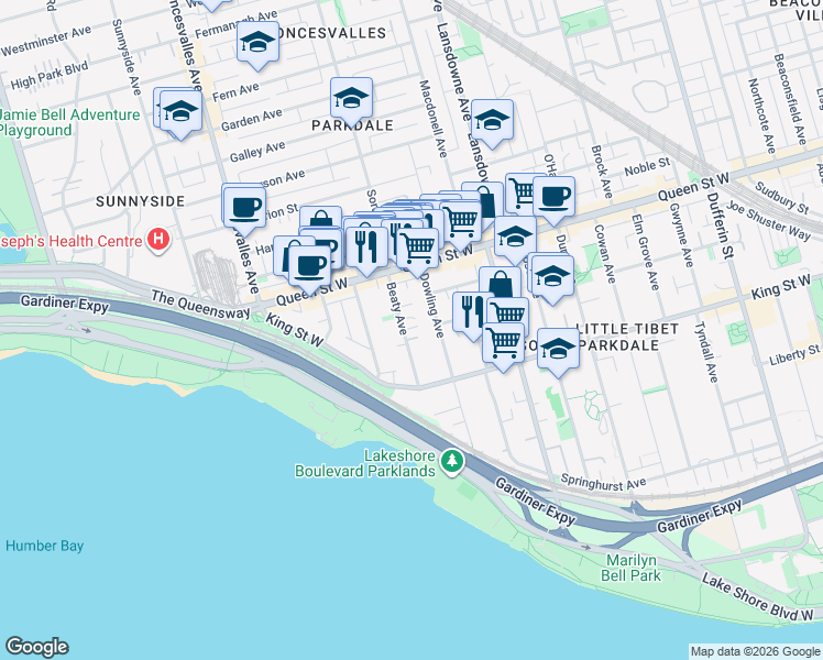 map of restaurants, bars, coffee shops, grocery stores, and more near 45 Beaty Avenue in Toronto