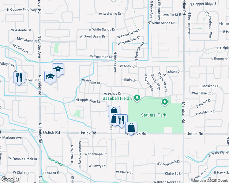 map of restaurants, bars, coffee shops, grocery stores, and more near 724 West Ashby Drive in Meridian