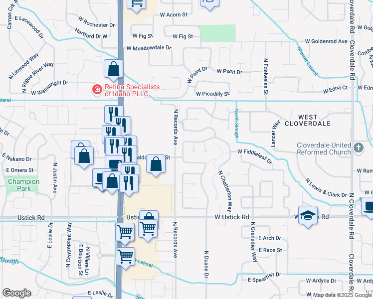 map of restaurants, bars, coffee shops, grocery stores, and more near 3666 North Bottle Brush Avenue in Boise