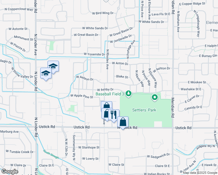 map of restaurants, bars, coffee shops, grocery stores, and more near 724 West Ashby Drive in Meridian