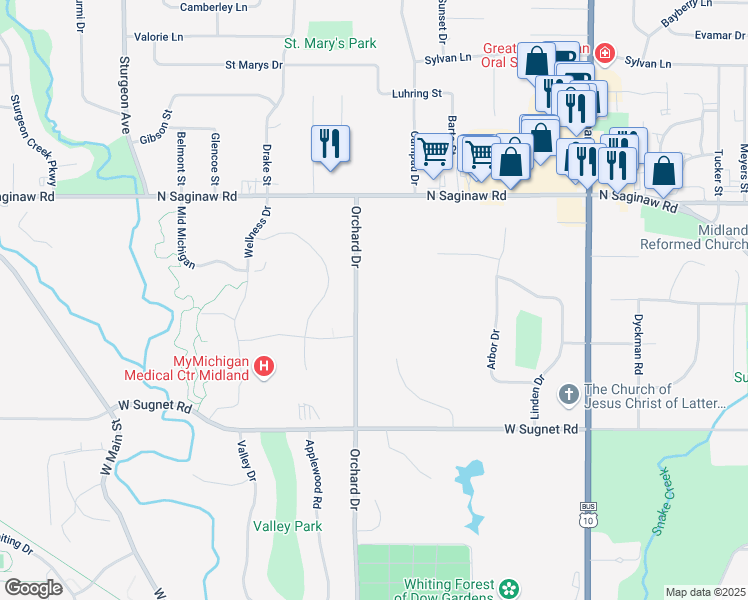 map of restaurants, bars, coffee shops, grocery stores, and more near 4406 Orchard Drive in Midland