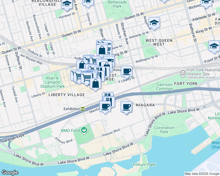 map of restaurants, bars, coffee shops, grocery stores, and more near 75 East Liberty Street in Toronto