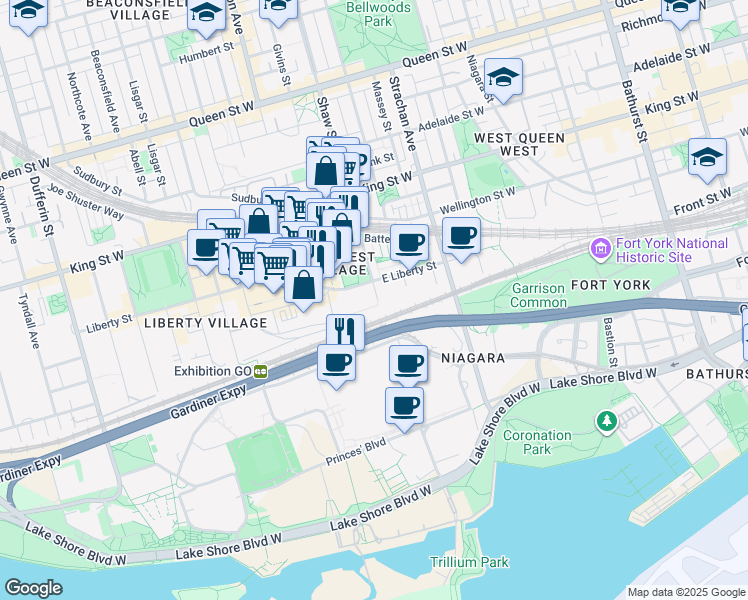 map of restaurants, bars, coffee shops, grocery stores, and more near 6 Pirandello Street in Toronto
