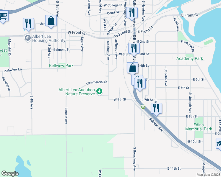map of restaurants, bars, coffee shops, grocery stores, and more near 1119 Madison Avenue in Albert Lea
