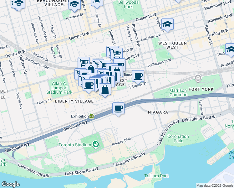 map of restaurants, bars, coffee shops, grocery stores, and more near 85 East Liberty Street in Toronto