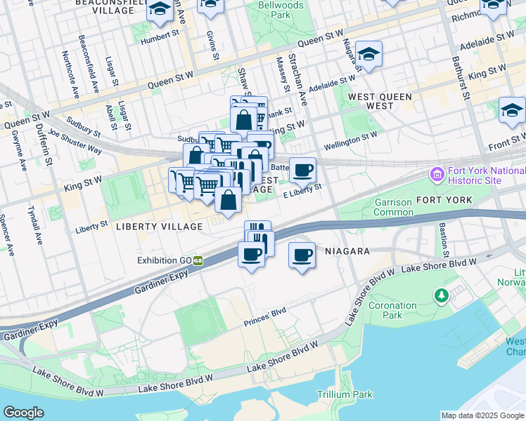 map of restaurants, bars, coffee shops, grocery stores, and more near 75 East Liberty Street in Toronto