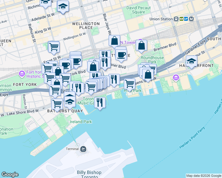 map of restaurants, bars, coffee shops, grocery stores, and more near 410 Queens Quay West in Toronto