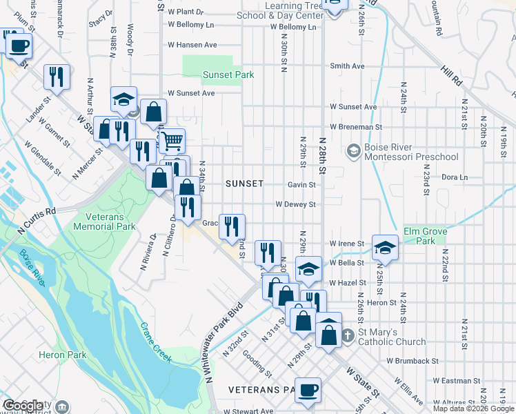 map of restaurants, bars, coffee shops, grocery stores, and more near 1911 North 31st Street in Boise
