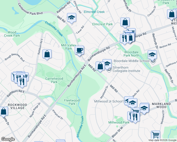 map of restaurants, bars, coffee shops, grocery stores, and more near 296 Mill Road in Toronto