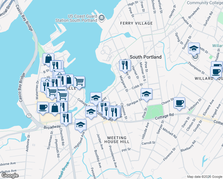 map of restaurants, bars, coffee shops, grocery stores, and more near 383 Broadway in South Portland