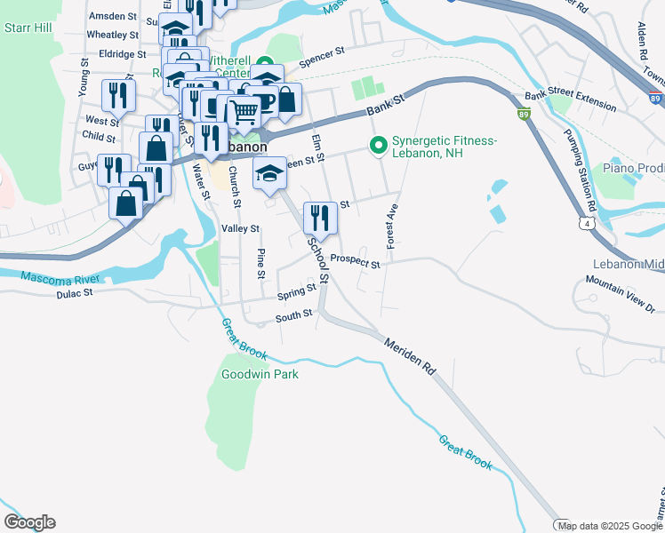 map of restaurants, bars, coffee shops, grocery stores, and more near 3 Messenger Street in Lebanon