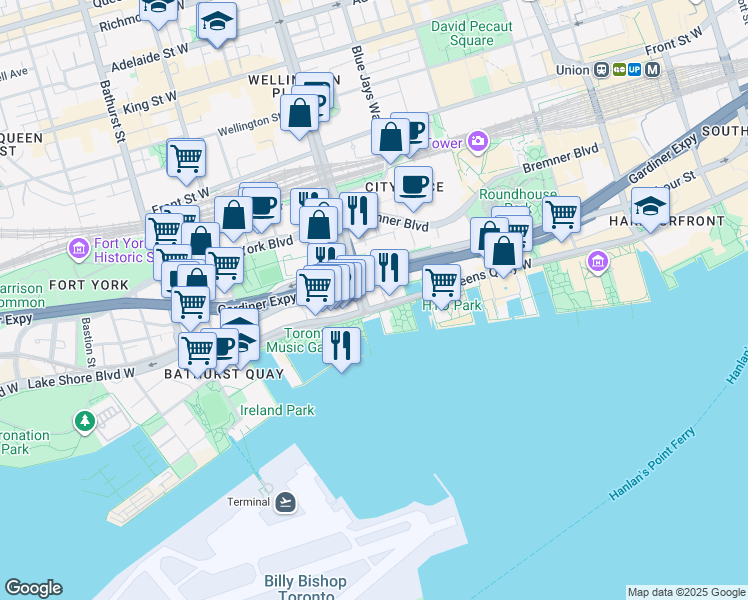 map of restaurants, bars, coffee shops, grocery stores, and more near in Toronto