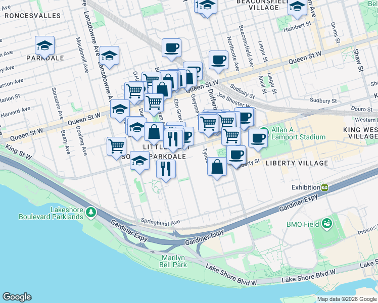 map of restaurants, bars, coffee shops, grocery stores, and more near 1307 King Street West in Toronto
