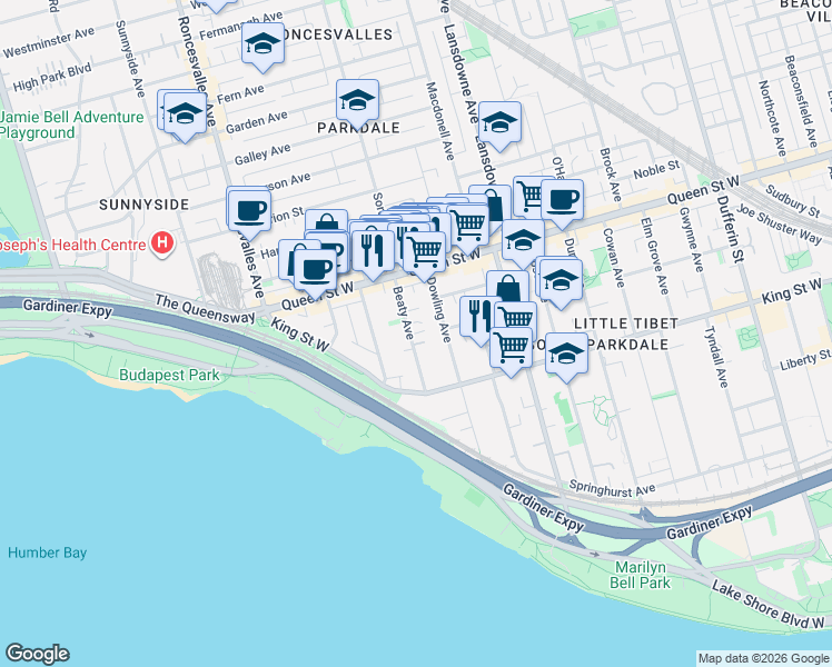 map of restaurants, bars, coffee shops, grocery stores, and more near in Toronto