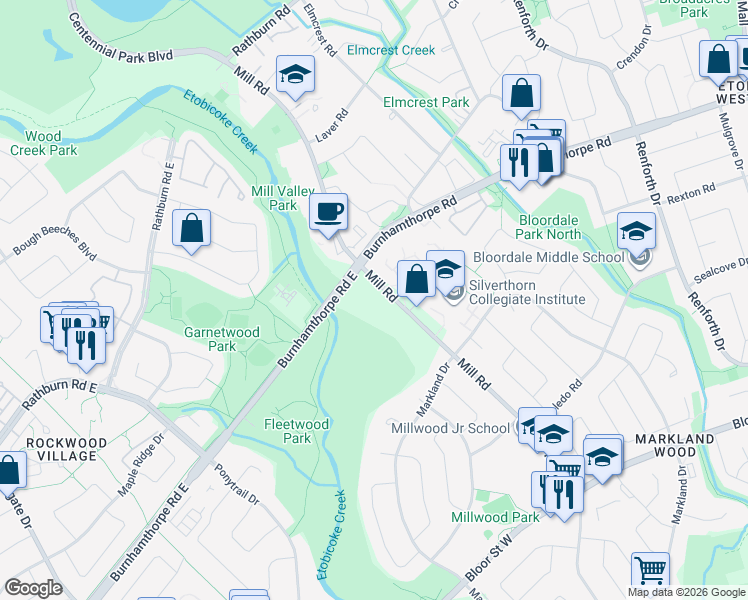 map of restaurants, bars, coffee shops, grocery stores, and more near in Toronto