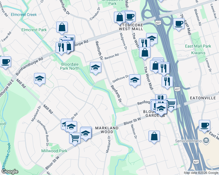 map of restaurants, bars, coffee shops, grocery stores, and more near 272 Renforth Drive in Toronto