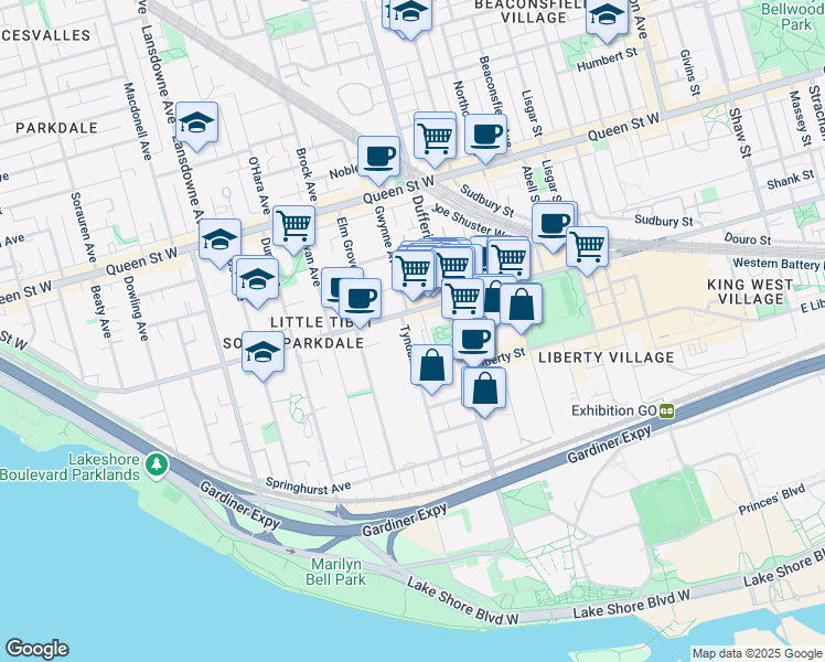 map of restaurants, bars, coffee shops, grocery stores, and more near 149 Tyndall Avenue in Toronto