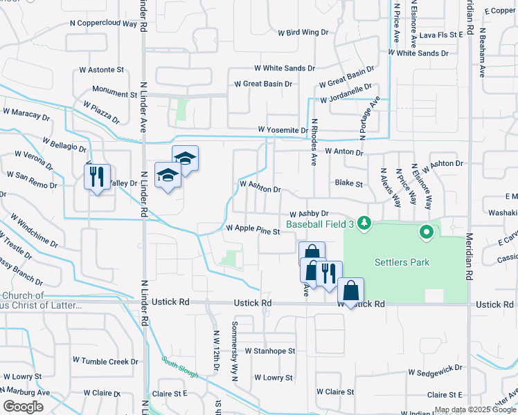 map of restaurants, bars, coffee shops, grocery stores, and more near 3689 North Warm Creek Avenue in Meridian