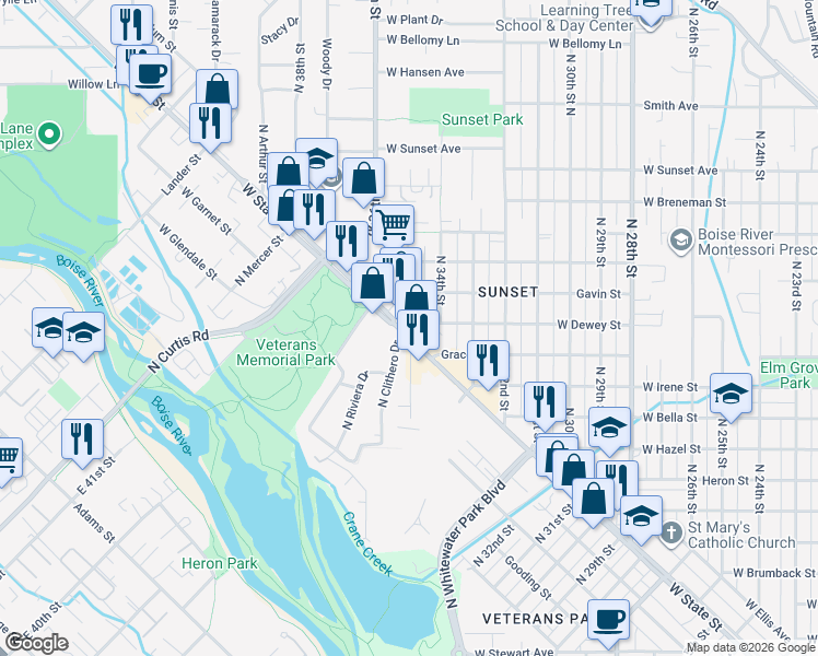 map of restaurants, bars, coffee shops, grocery stores, and more near 3412 West State Street in Boise