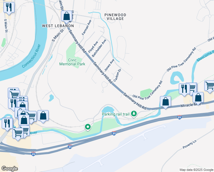 map of restaurants, bars, coffee shops, grocery stores, and more near 62 Westboro Woods Lane in Lebanon