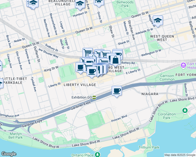 map of restaurants, bars, coffee shops, grocery stores, and more near in Toronto